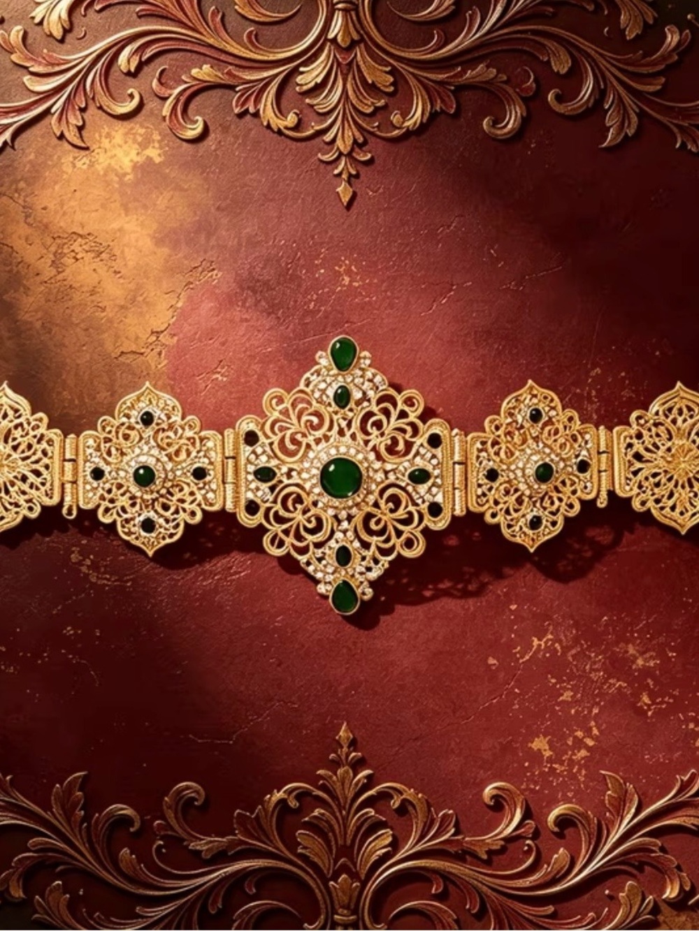 Gold Plated Green Stone Filigree Waist Belt — Women Jewelry